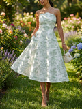 Midi Linen Dress, Sleeveless, Floral, Pocket Design, Vacation, Vintage, Green
