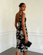 Black Jacquard Classic V Neck Sleeveless Sheath Midi Dress