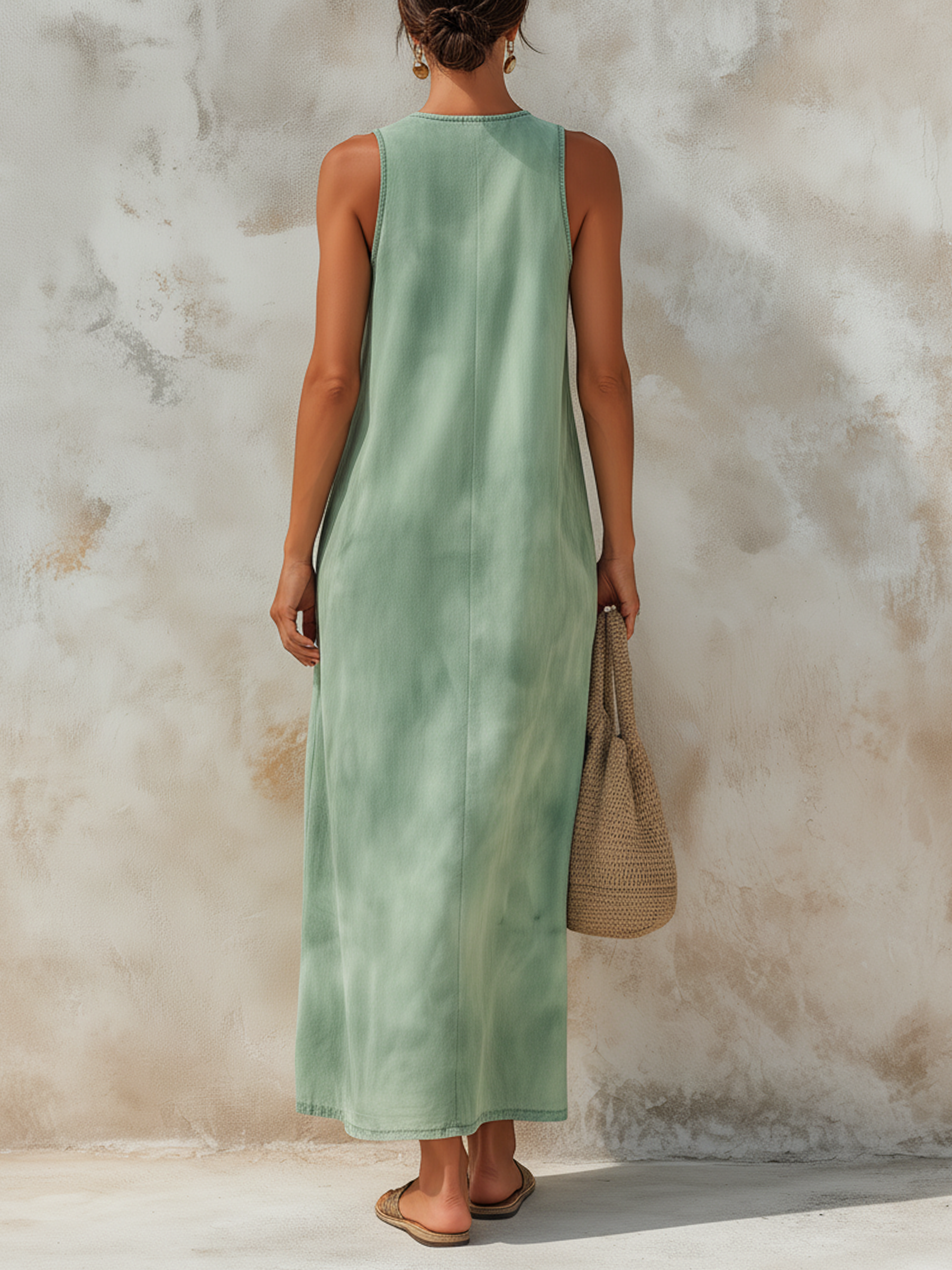 Washed Green Tencel Denim Sleeveless Maxi Dress