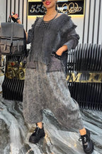 Frayed Knit Top & Drop‐Crotch Harem Pants Outfit
