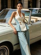 Color-Block Halter Peplum Two-Piece Set | Tailored Wide-Leg Co-Ord With Buttons