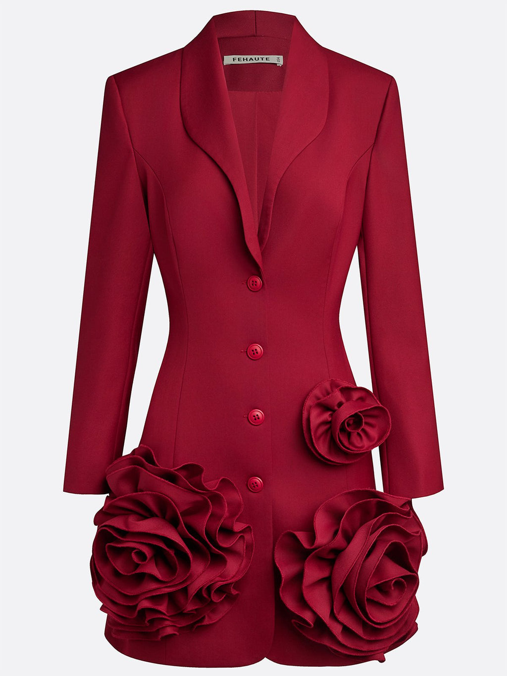 Burgundy 3D Floral Blazer Shawl Collar Long Sleeve A-Line Mini Dress