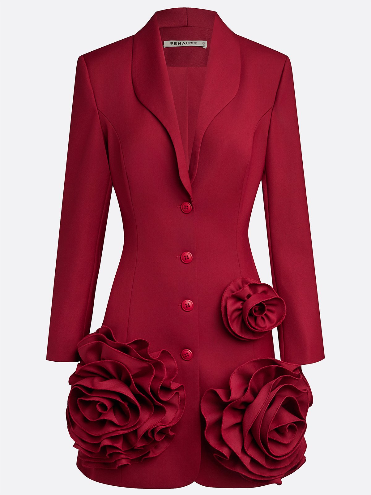 Burgundy 3D Floral Blazer Shawl Collar Long Sleeve A-Line Mini Dress