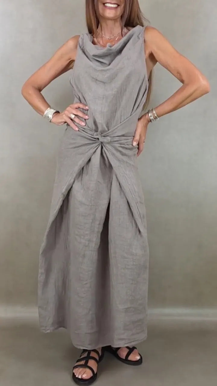 Linen Blend Sleeveless Wrap  Dress