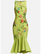 Green Floral Boat Neck Sleeveless Mermaid Midi Dress