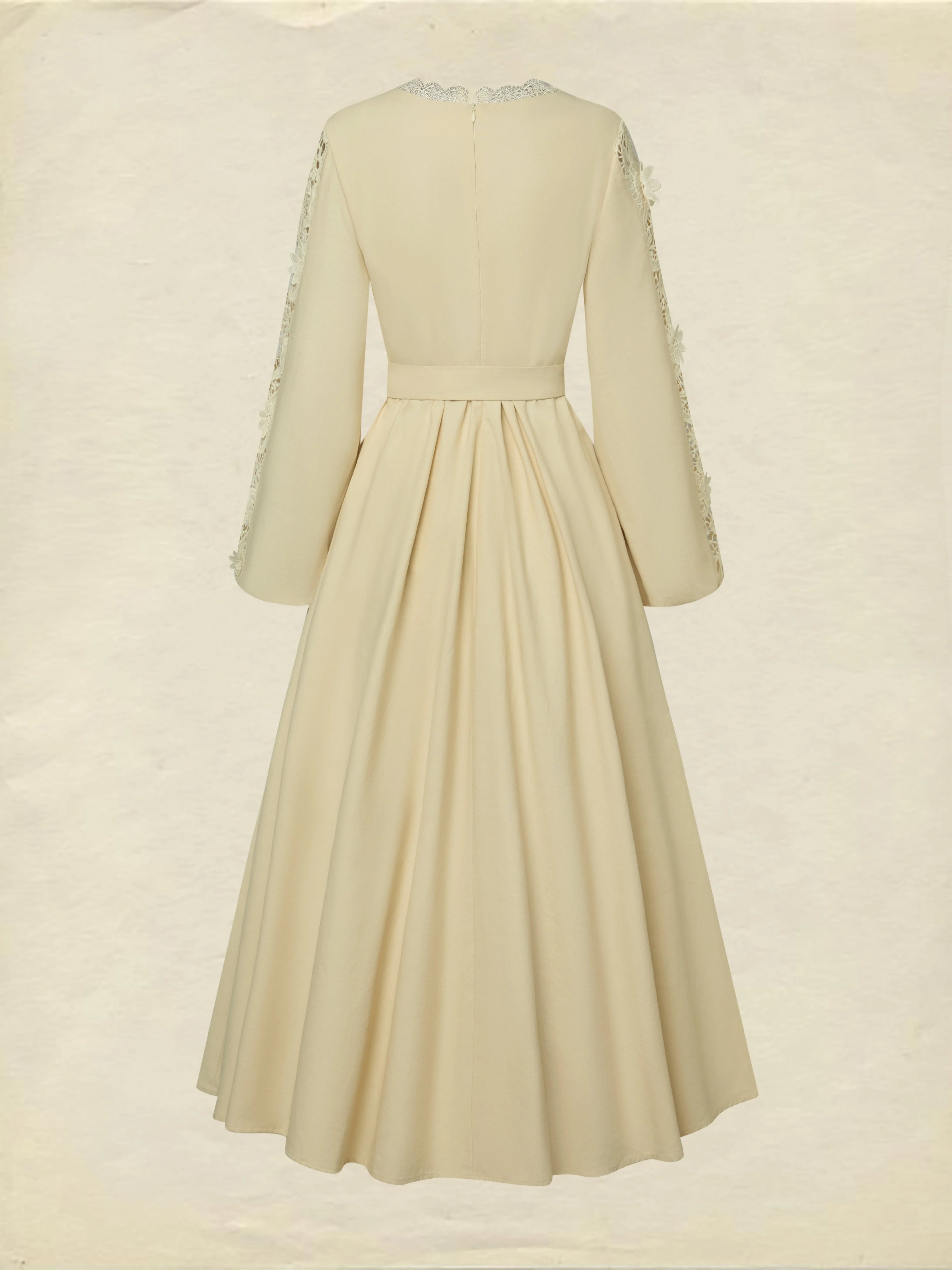 Midi Linen Dress, Long Sleeves, Plain, Lace, French Vintage, Apricot