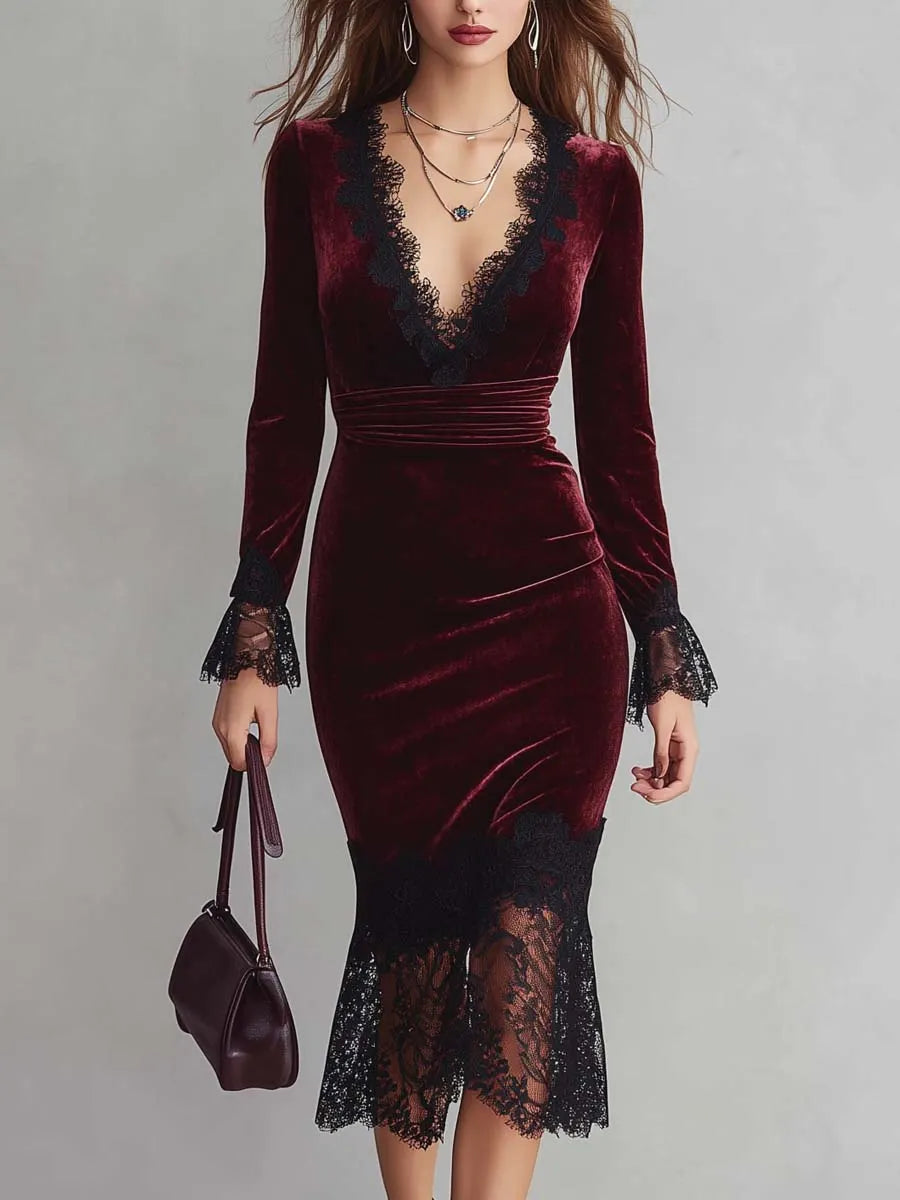 Retro V-neck Lace Trim Polyester Velvet Midi Dress
