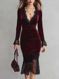 Retro V-neck Lace Trim Polyester Velvet Midi Dress