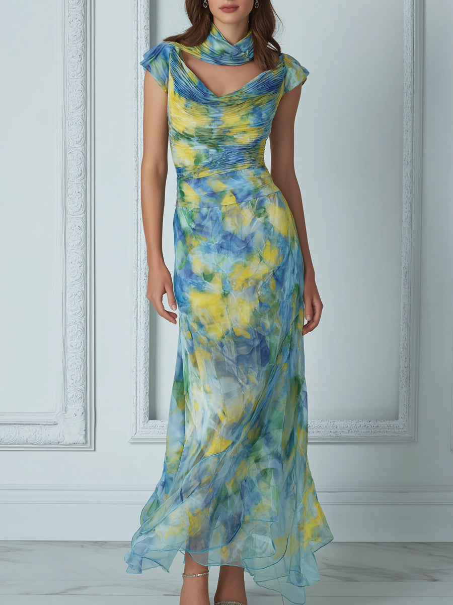 Elegant Draped Cowl Neck Blue Yellow Impressionist Print Dress