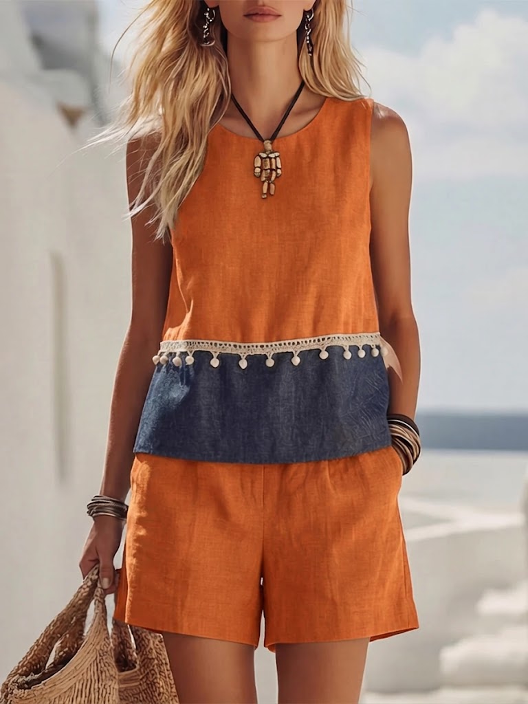 Bohemian-style Patchwork Linen And Cotton Top And Shorts Two-piece Set
