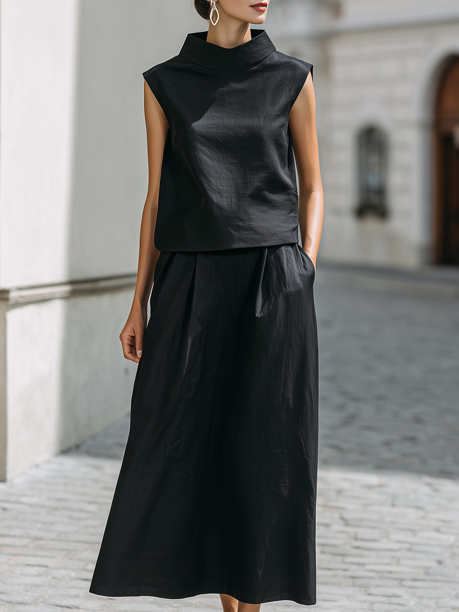Linen-Blend High Neck Sleeveless Top & Maxi Skirt Two-Piece Set