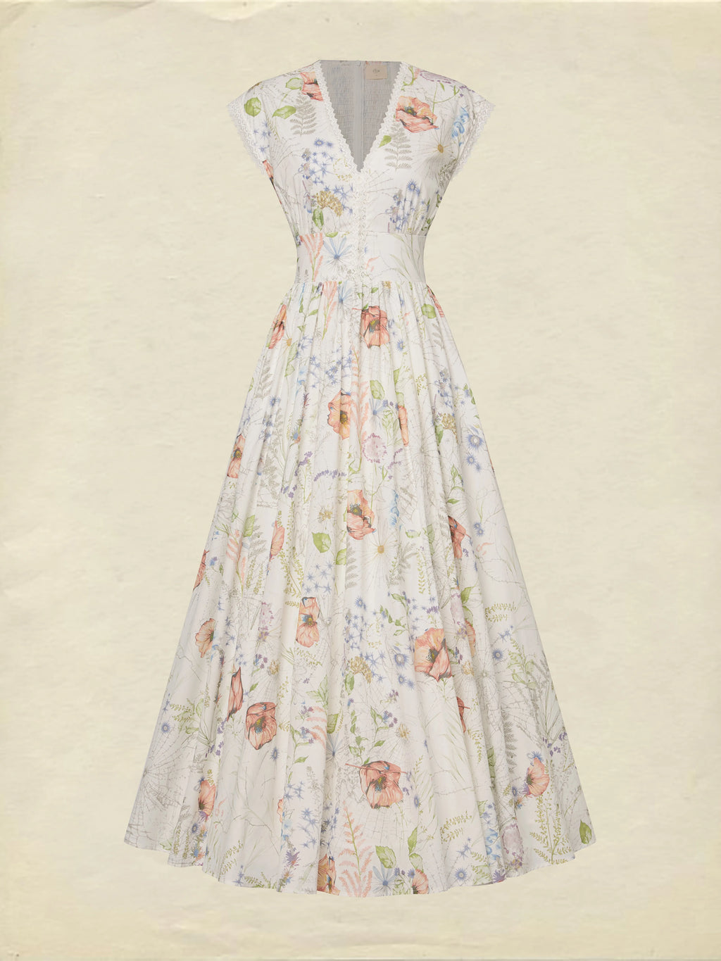 Maxi Cotton Dress, Cap Sleeves, V Neck, Floral, Lace, Vintage, Red