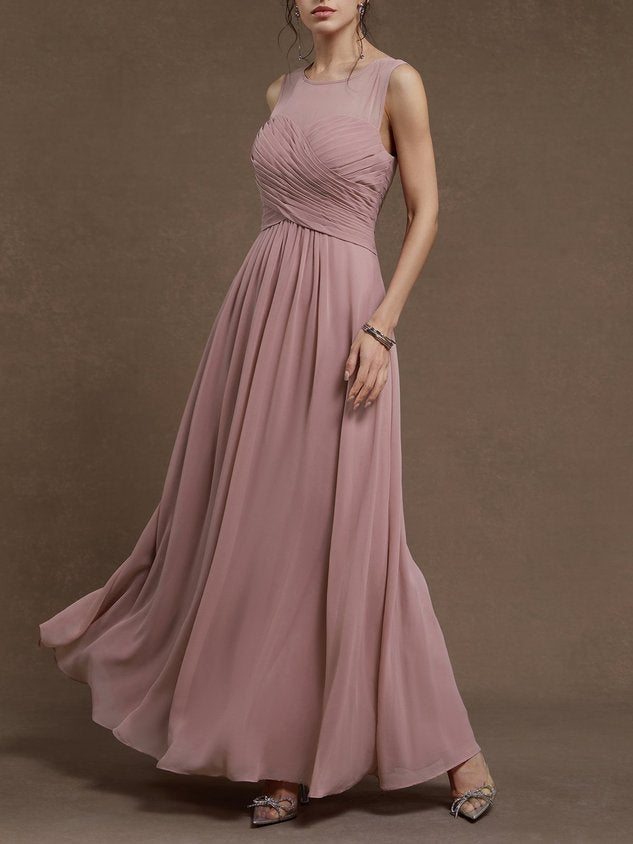 Pink Ruched Chiffon Crew Neck Sleeveless A-Line Maxi Bridesmaid Dress