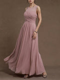Pink Ruched Chiffon Crew Neck Sleeveless A-Line Maxi Bridesmaid Dress