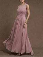 Pink Ruched Chiffon Crew Neck Sleeveless A-Line Maxi Bridesmaid Dress