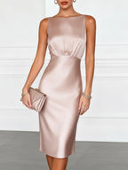 Pink Ruched Satin Boat Neck Sleeveless Sheath Midi Dress