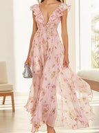 Chic Light Pink Floral Chiffon Dress