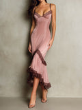 Elegant Blush Satin Lace-Trim Slip Midi Dress With Asymmetric Hem