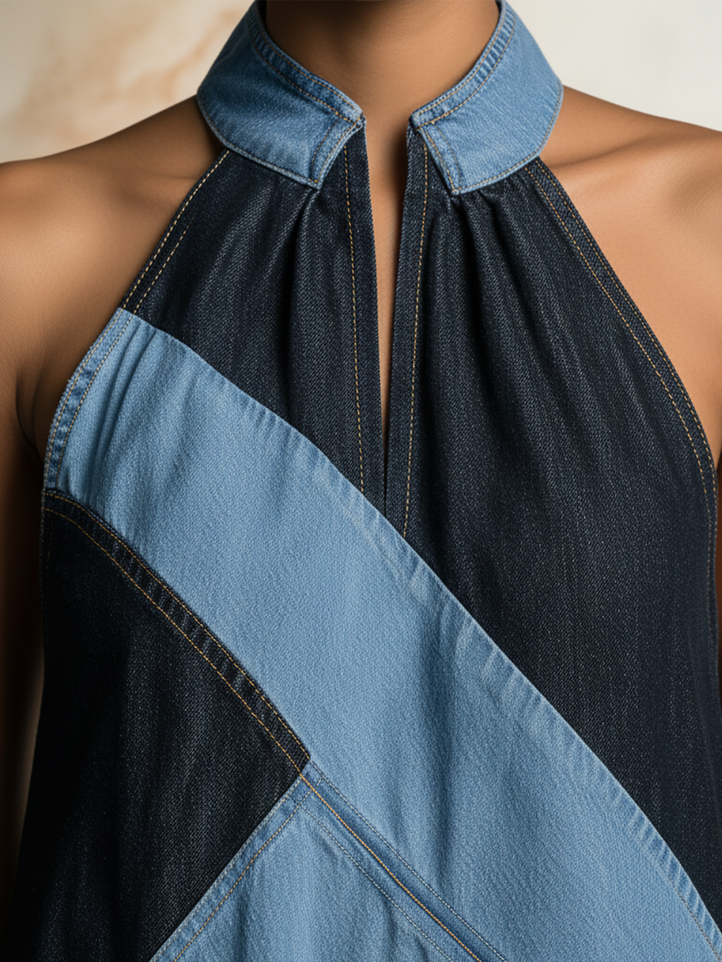Color-Block Denim Halter Maxi Dress Sleeveless