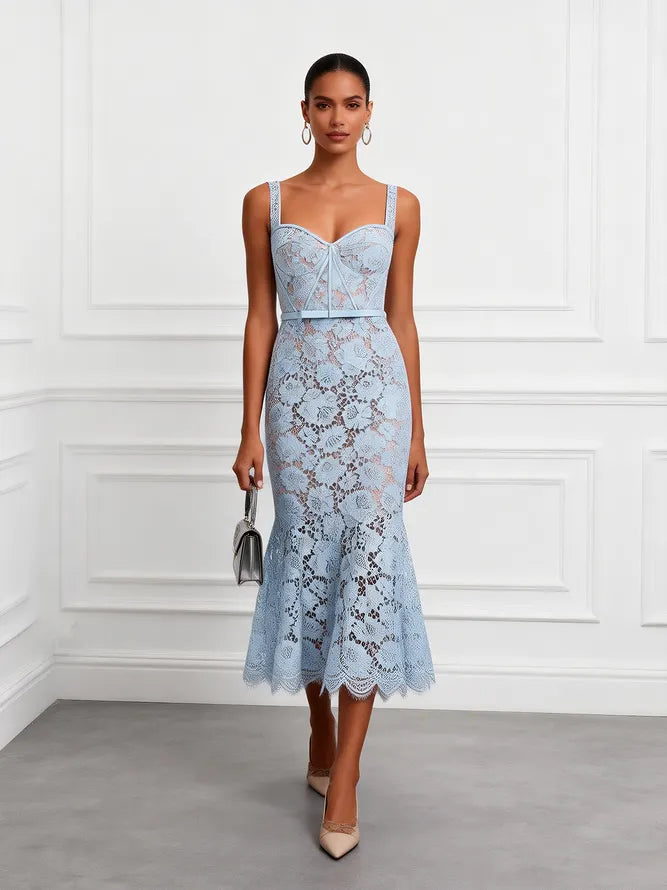 Light Blue Lace Sweetheart Neckline Sleeveless Mermaid Midi Dress