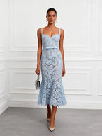 Light Blue Lace Sweetheart Neckline Sleeveless Mermaid Midi Dress