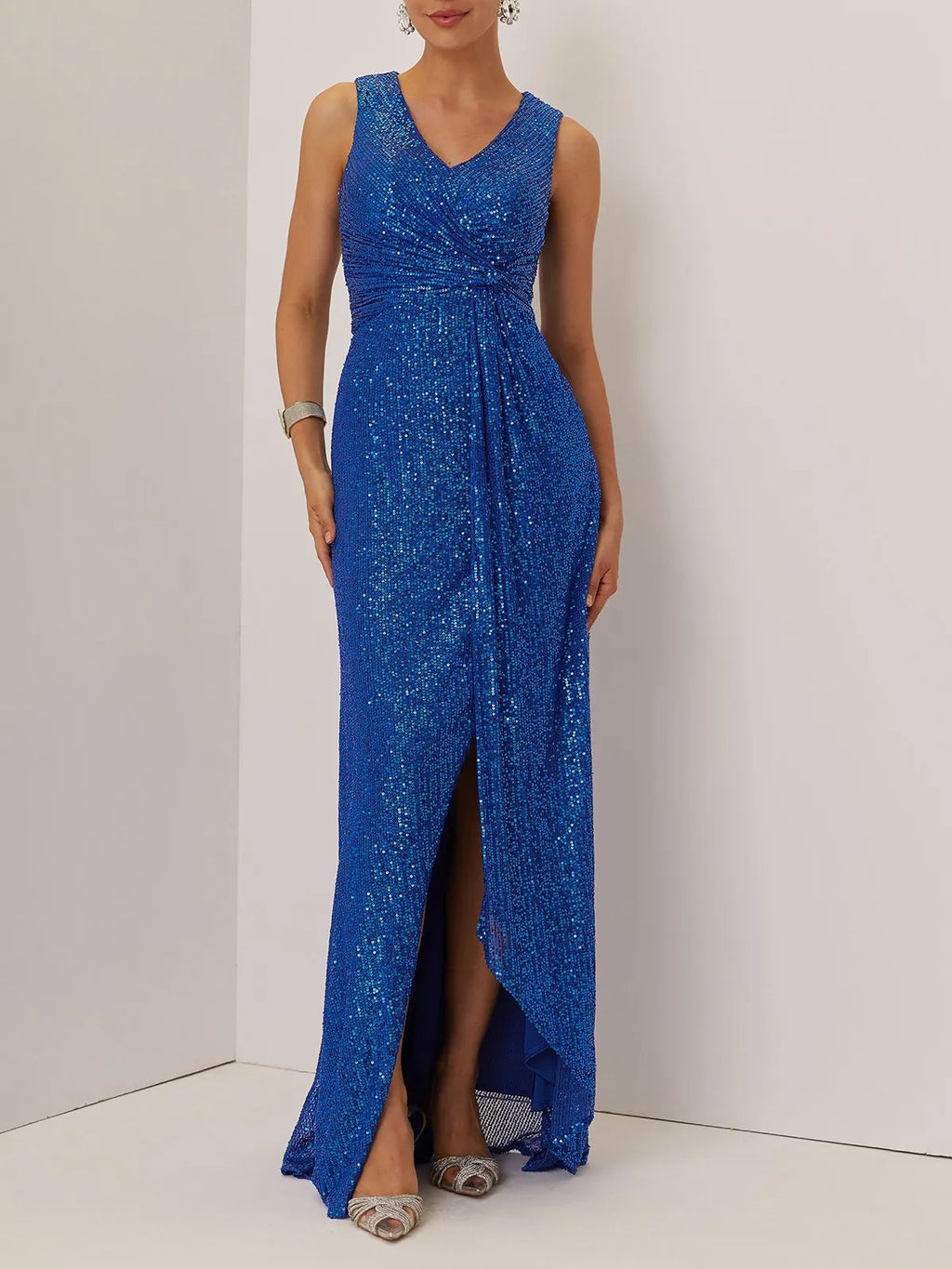 Blue Ruched Sequin V Neck Sleeveless A-Line Maxi Mother of the Bride or Groom Dress