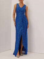 Blue Ruched Sequin V Neck Sleeveless A-Line Maxi Mother of the Bride or Groom Dress
