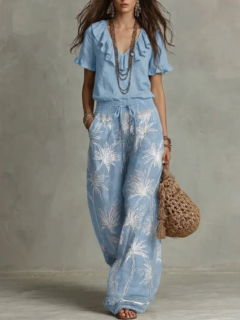 Casual Ruffled-collar Top And Printed Trousers Two-piece Set