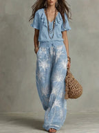 Casual Ruffled-collar Top And Printed Trousers Two-piece Set