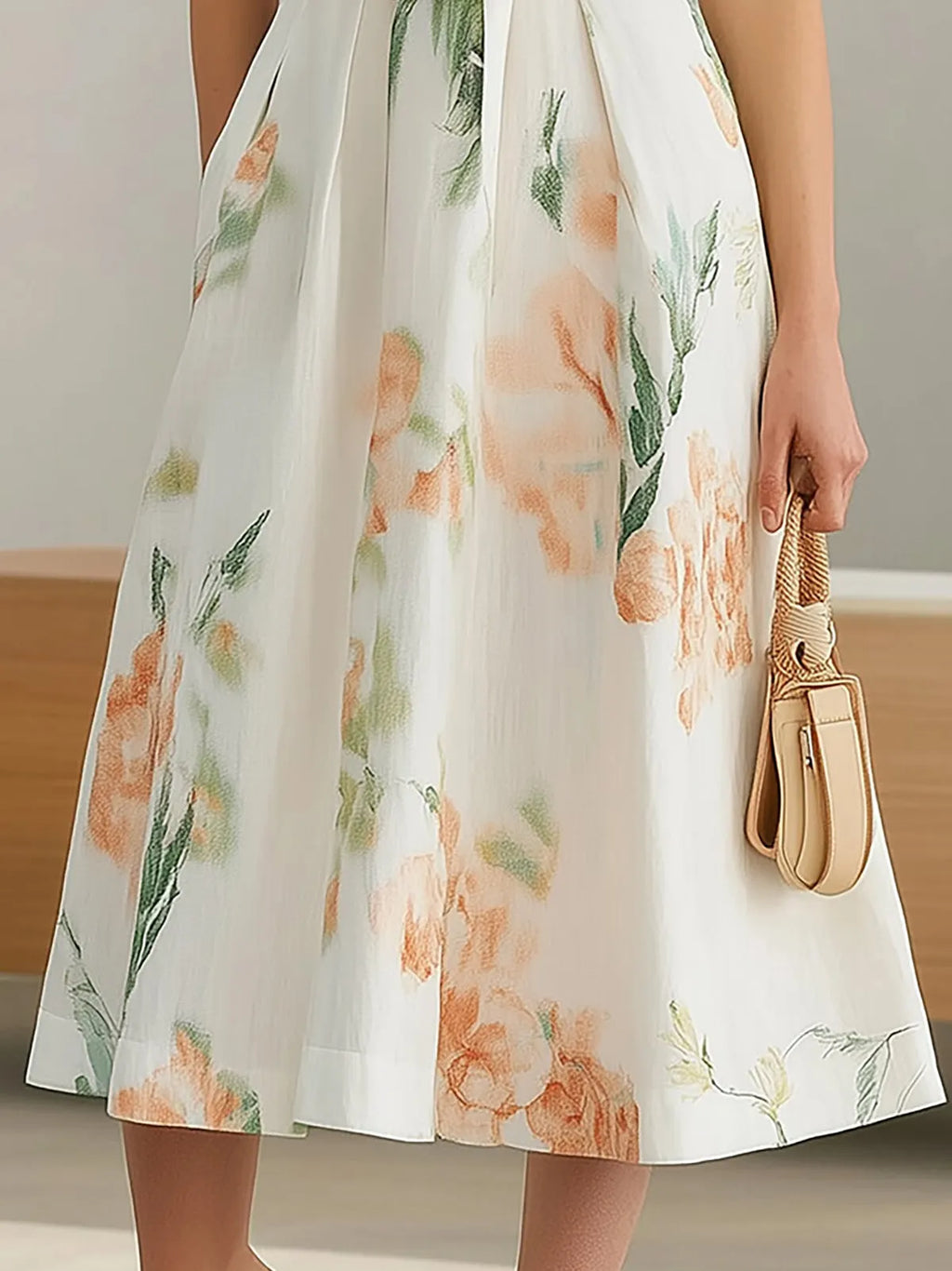 Elegant Sleeveless Linen Dress with Floral Print and Belt