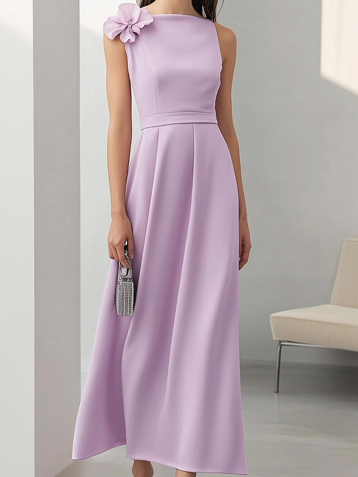 Elegant Lilac Satin Dress with 3D Shoulder Flower