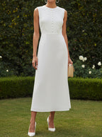 Midi Cotton Dress, Sleeveless, Round Neck, Plain, Lace, Vintage, White