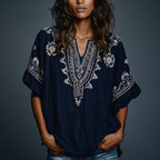 Women's Boho Floral Art Print Flowy Linen Blend Casual Short Sleeve Tops