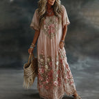 Women's Floral Art Print Flowy Linen Blend Casual Short Sleeve Maxi Dress