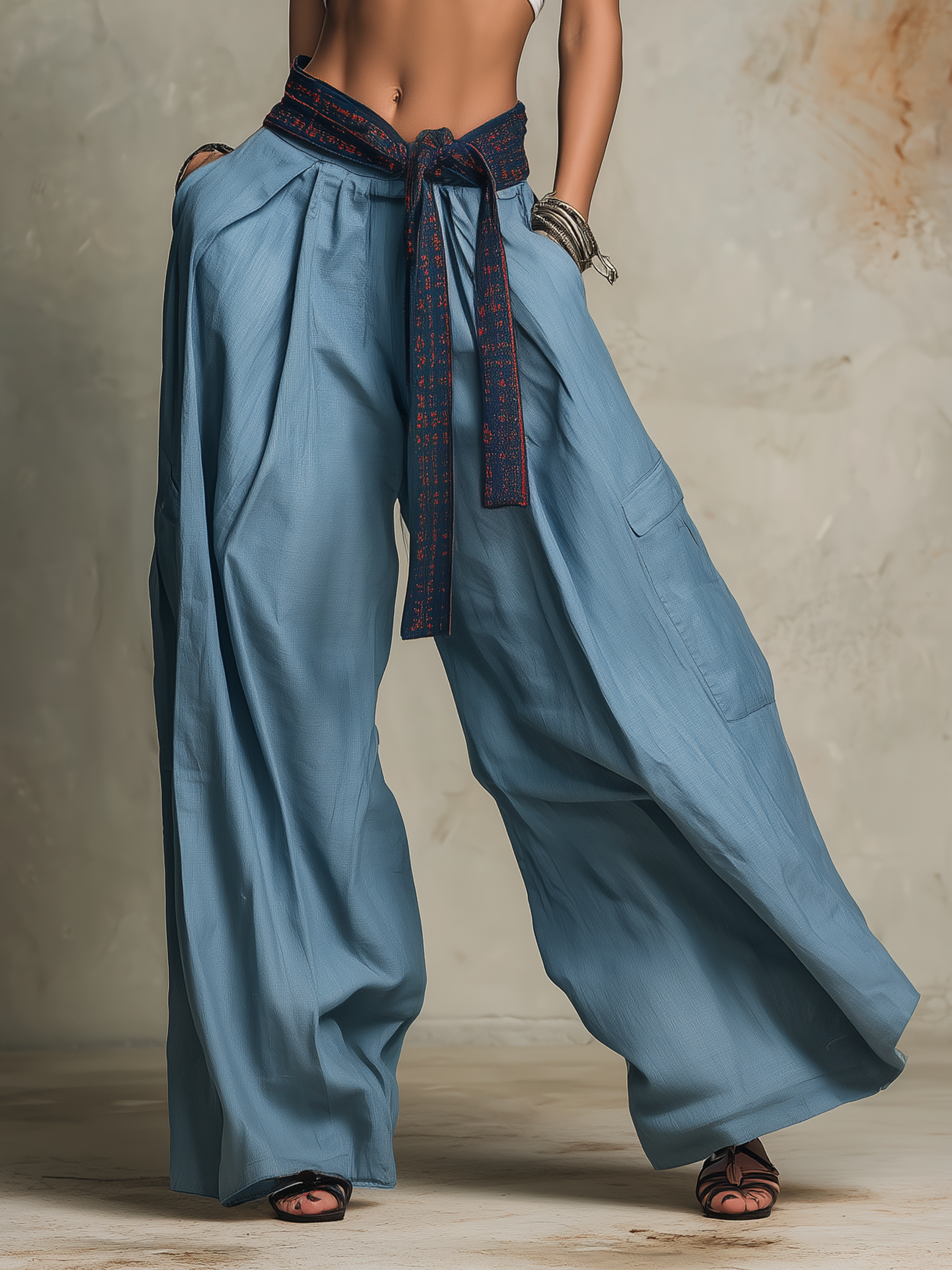Dusty Blue Patchwork Waist Oversized Wide-Leg Cargo Pants