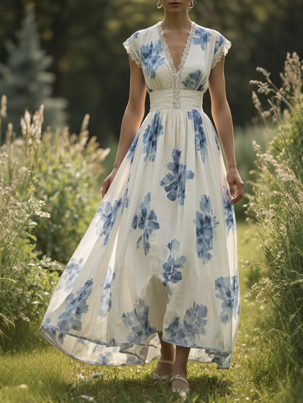(SIZE:XS-XXL)Linen Maxi Dress, Sleeveless, V neck, Floral, Vintage, Light Blue