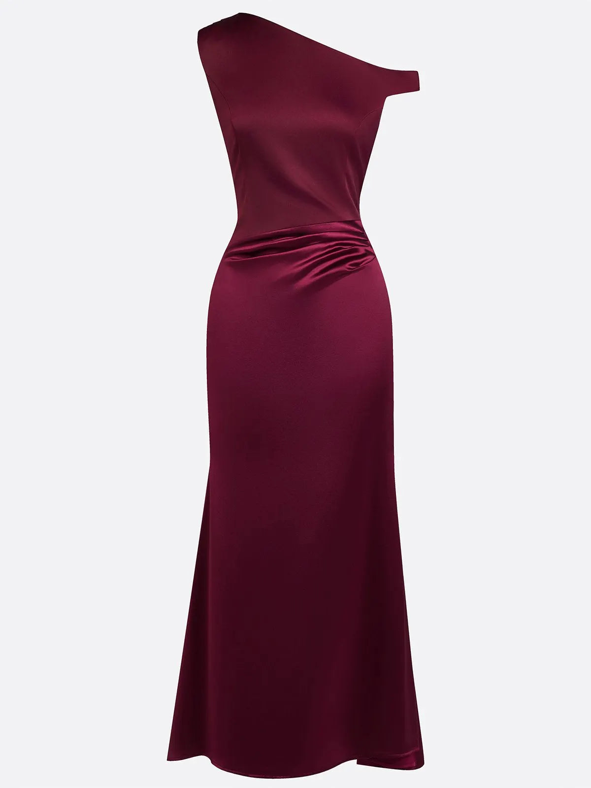 Burgundy Split Joint Ruched Satin One Shoulder Sleeveless Mermaid Maxi Dress