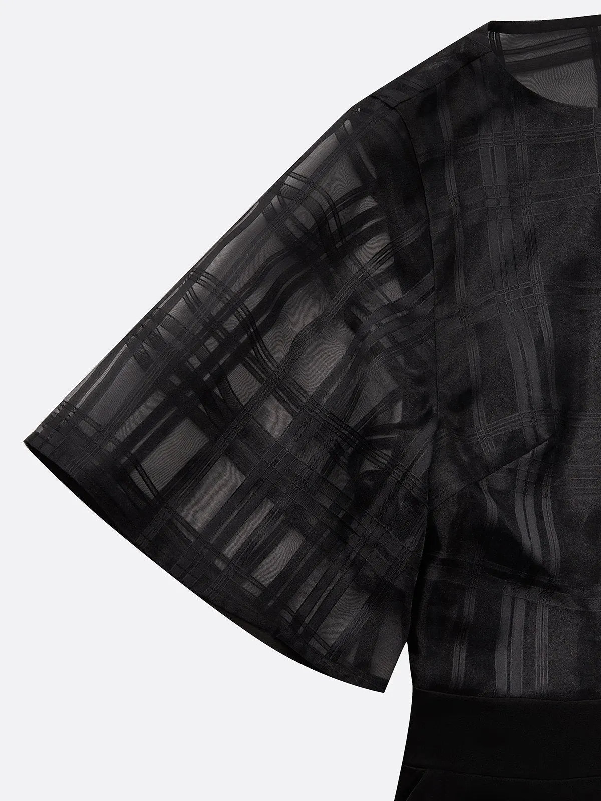 Black Organza Plaid Classic Boat Neck Half Sleeve Dolman Sleeve Sheath Midi Dress