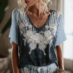 Butterfly Flower Embroidery Patchwork Striped Design Women's Summer Linen T-shirt