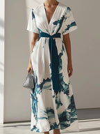 Elegant Chiffon Printed Dress with Waist Tie