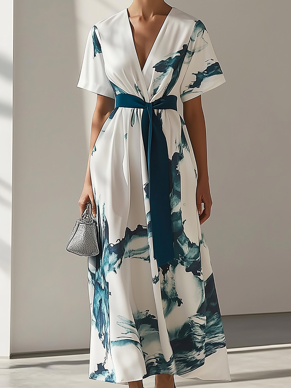 Elegant Chiffon Printed Dress with Waist Tie