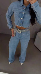 Rhinestone Cropped Denim Jacket & Flare Jeans Set