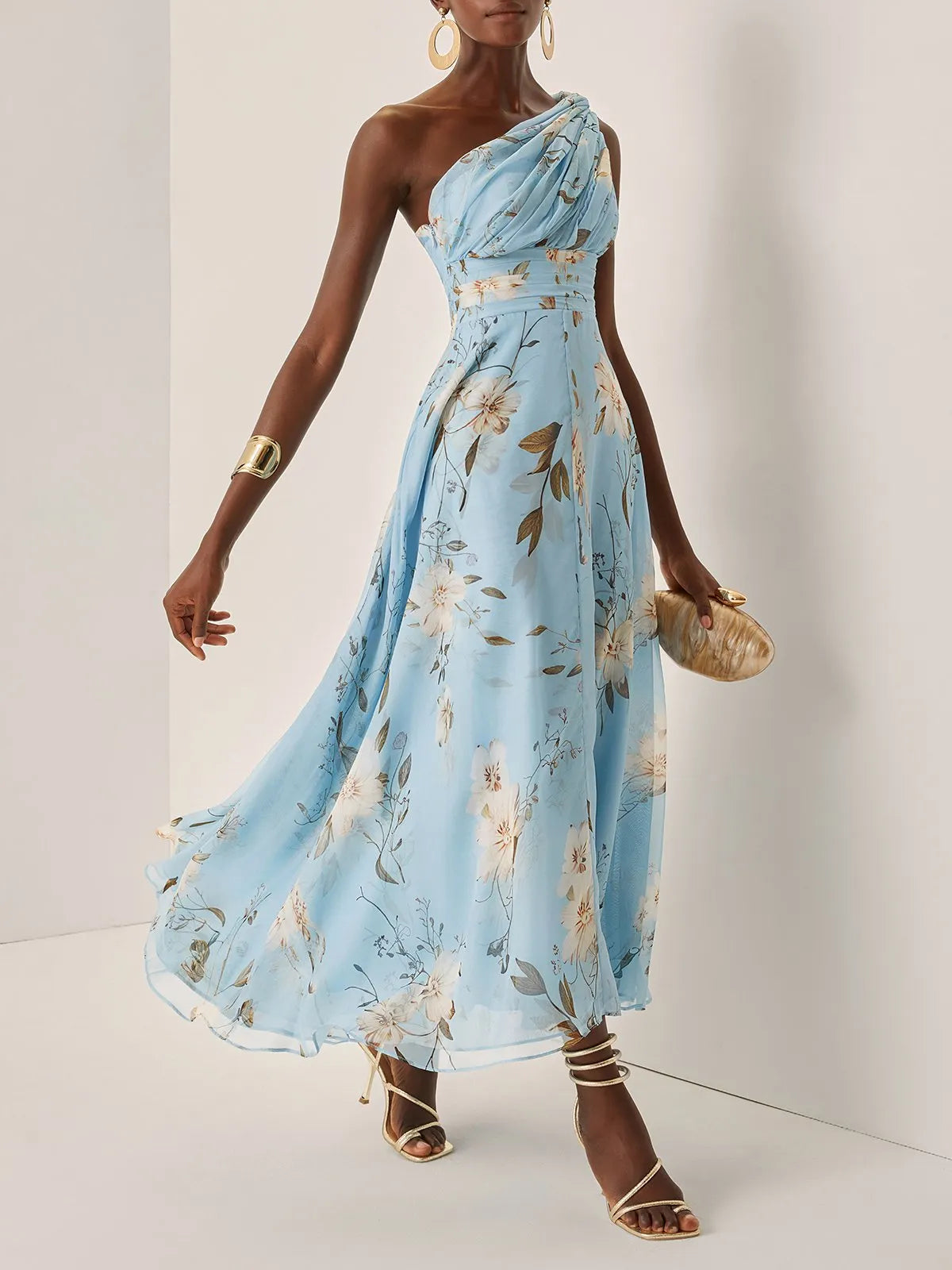 Light Blue Floral Ruched Chiffon One Shoulder Sleeveless A-Line Maxi Dress