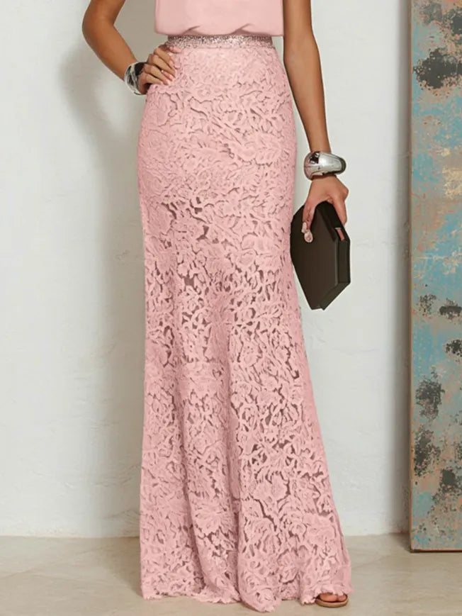 Pink Rhinestone Ruched Lace Halter Crew Neck Sleeveless Mermaid Floor-length Gown Dress