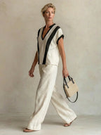 Cream Linen-Blend Color-Block V-Neck Top & Wide-Leg Pants Two-Piece Set