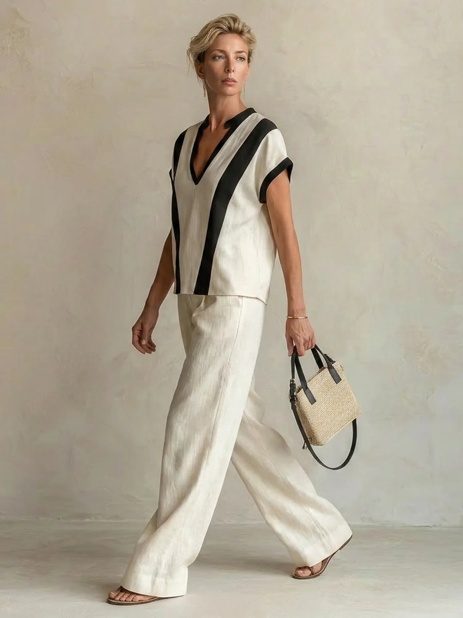 Cream Linen-Blend Color-Block V-Neck Top & Wide-Leg Pants Two-Piece Set