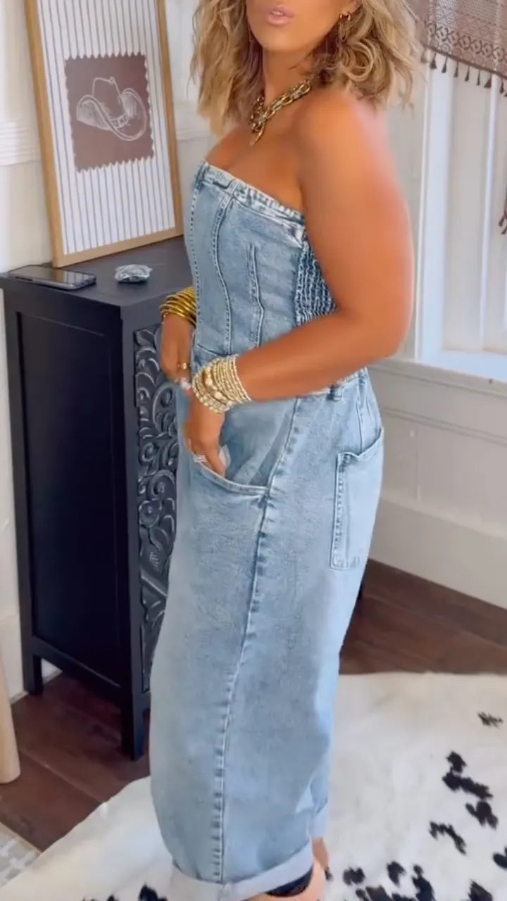 Light Wash Strapless Denim Jumpsuit