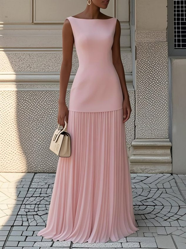 Pink Pleated Classic Boat Neck Sleeveless A-Line Floor-length Gown Dress
