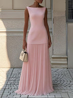 Pink Pleated Classic Boat Neck Sleeveless A-Line Floor-length Gown Dress