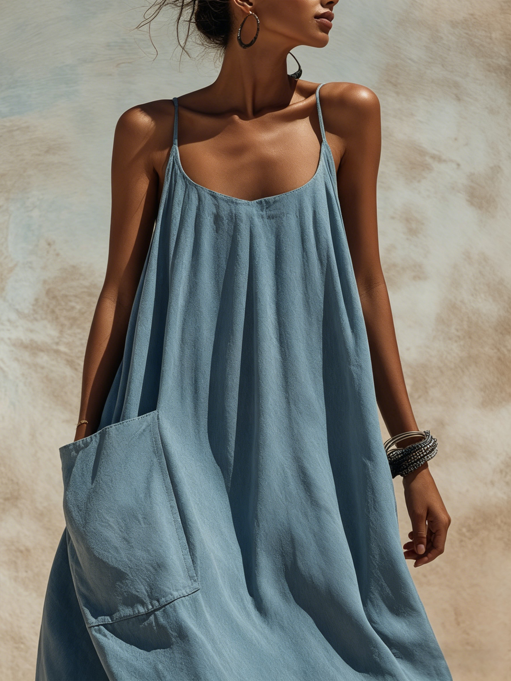 Slate Blue Linen-Blend Maxi Slip Dress - Oversized Pocketed Casual Dress